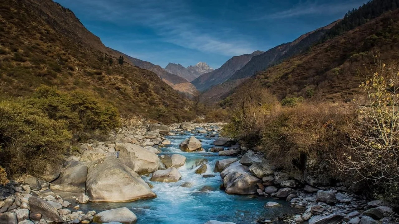 A crystal-clear river flowing through the scenic Har Ki Dun valley, surrounded by lush greenery and towering Himalayan peaks.